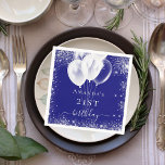 Birthday royal blue silver glitter white balloons napkin<br><div class="desc">A napkin for a girly and glamourous 21st (or any age) birthday party.  A dark royal blue background with elegant faux silver sparkles and white balloons.   Personalise and add a name and age 21.  White letters.</div>
