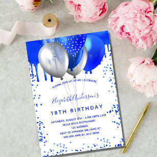 Birthday royal blue white balloons luxury invitation