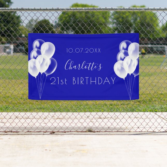 Birthday royal blue white balloons party banner (Insitu)