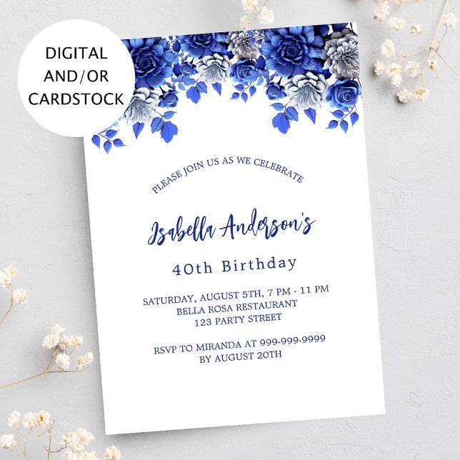 Birthday royal blue white flowers invitation (Creator Uploaded)