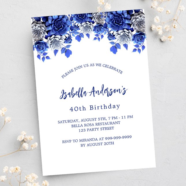 Birthday royal blue white flowers luxury invitation (Creator Uploaded)