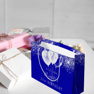Birthday royal blue white glitter balloons large gift bag