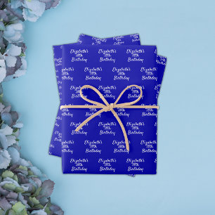 Birthday royal blue white name script minimalist wrapping paper sheet