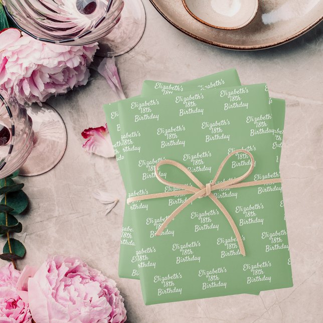 Birthday sage green white name wrapping paper sheet (Creator Uploaded)