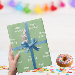 Birthday sage green white wrapping paper