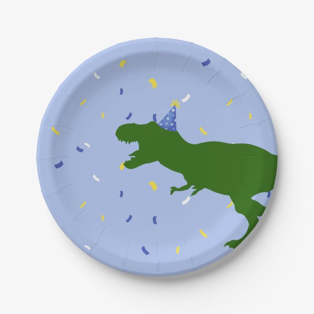 "Birthday-Saurus" Child's Blue Dinosaur Birthday Paper Plate (Front)