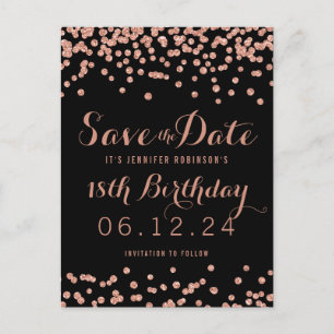Birthday Save the Date Rose Gold Glitter Confetti Announcement Postcard