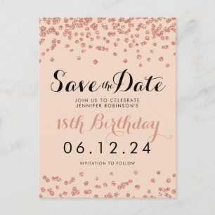 Birthday Save the Date Rose Gold Glitter Confetti Announcement Postcard