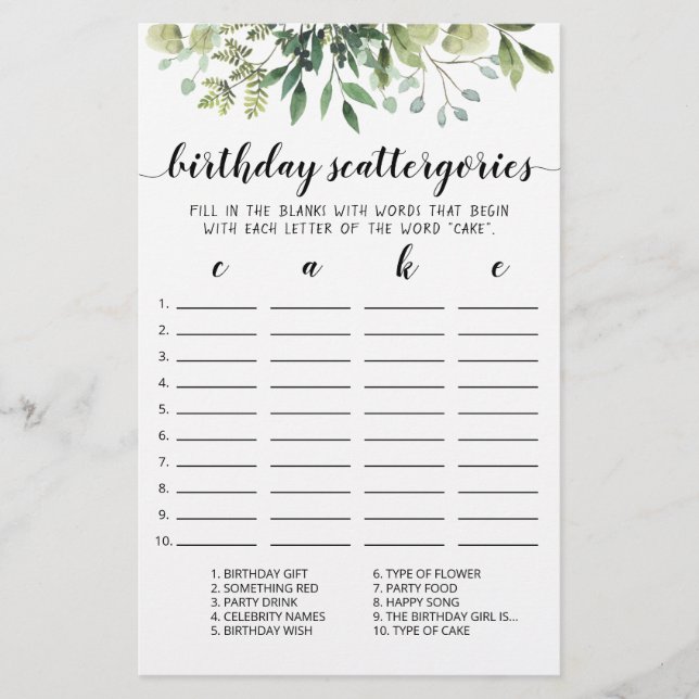 Birthday Scattergories editable game (Front)