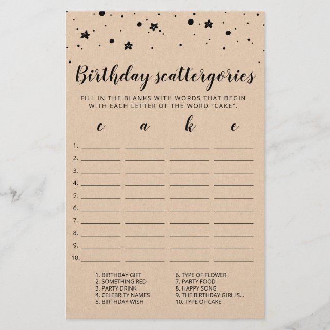 Birthday Scattergories editable game (Front)