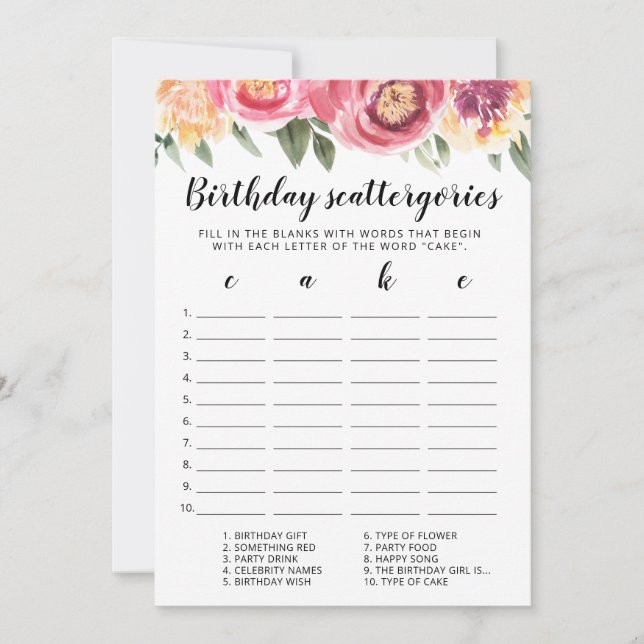Birthday Scattergories editable game Card (Front)