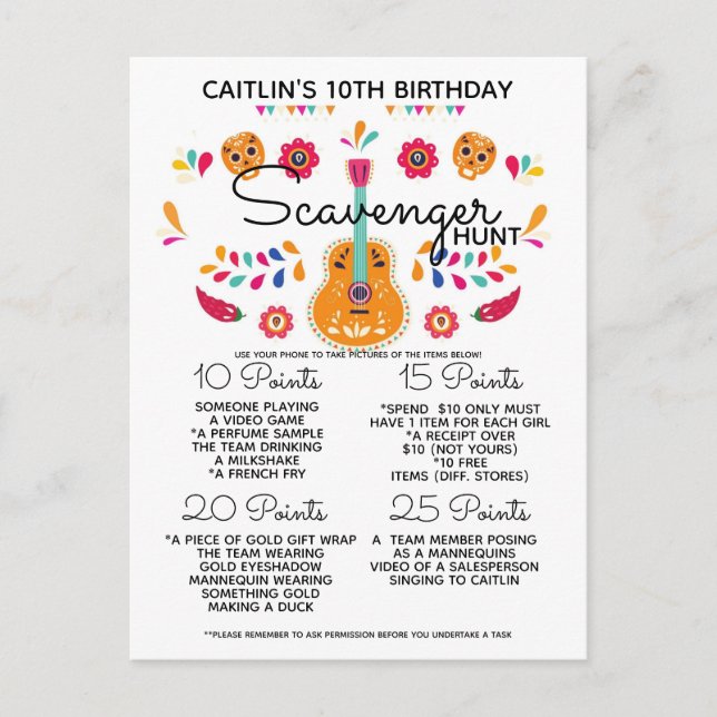 birthday scavenger hunt game kids fiesta party announcement postcard (Front)
