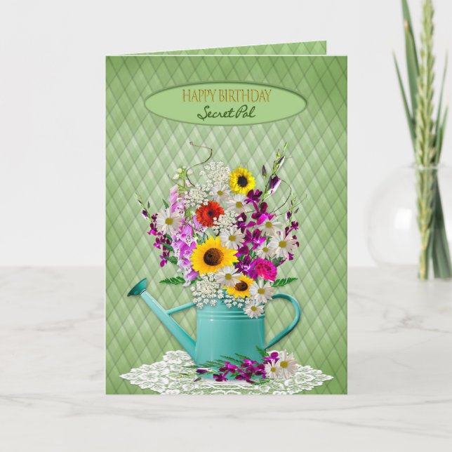 Birthday,  Secret Pal, Water Can and Flowers Card (Front)