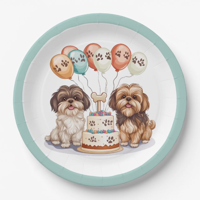 Birthday Shih Tzu Dogs Birthday Cake Paper Plate (Front)
