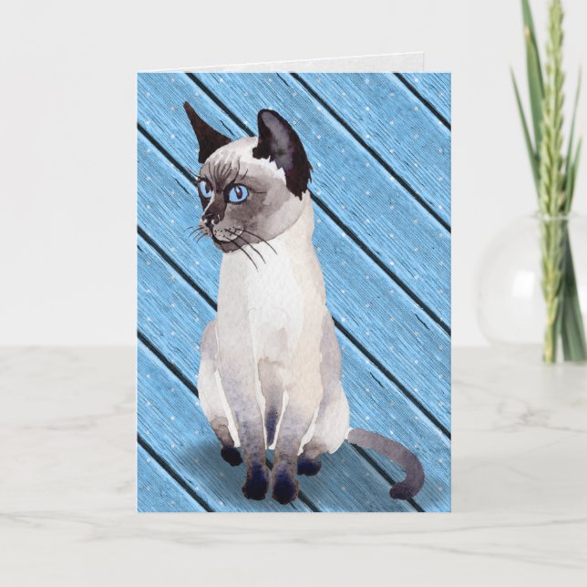 birthday Siamese kitten on blue wood Card (Front)