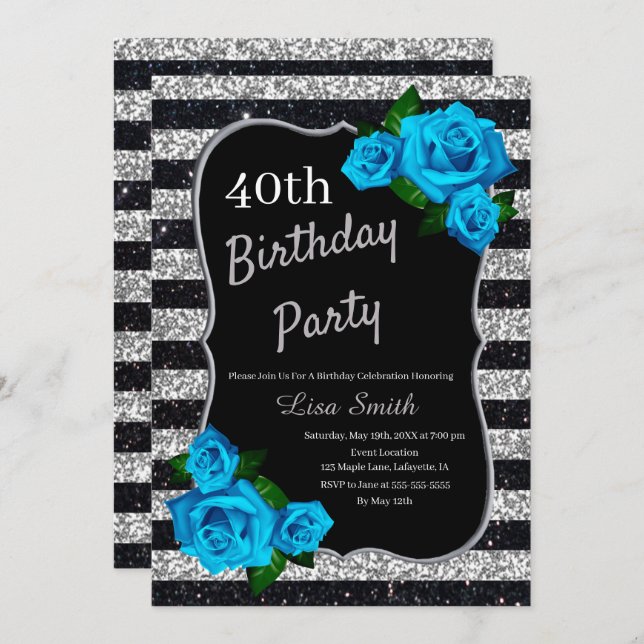 Birthday Silver Black Stripes Glitter Blue Roses Invitation (Front/Back)