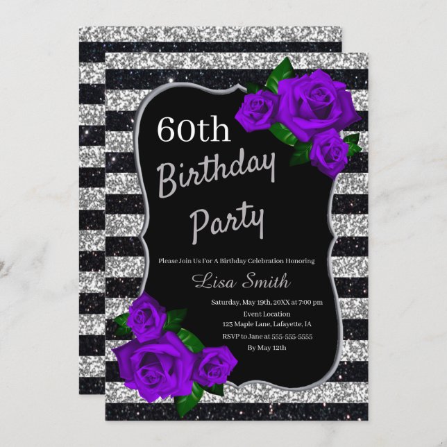 Birthday Silver Black Stripes Glitter Purple Roses Invitation (Front/Back)