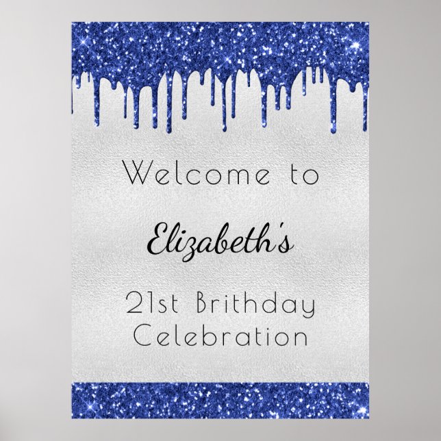 Birthday silver blu glitter drips monogram welcome poster (Front)
