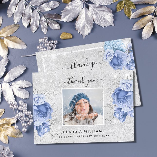 Birthday silver blue floral photo glitter thank you card (Creator Uploaded)