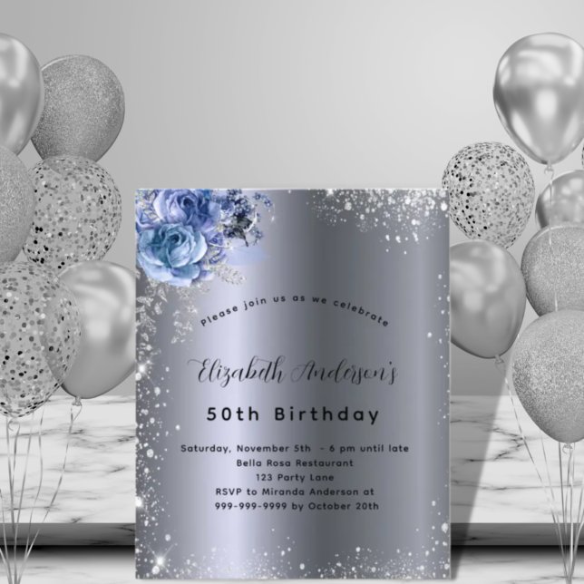 Birthday silver blue florals budget invitation flyer (Creator Uploaded)