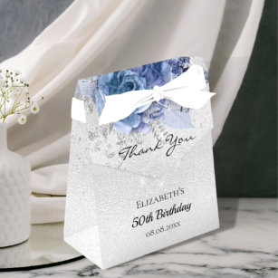 Birthday silver blue florals glitter thank you favour box