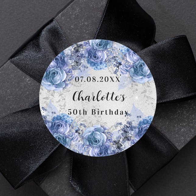 Birthday silver blue florals name classic round sticker (Creator Uploaded)