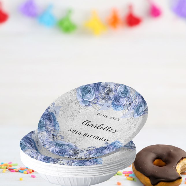 Birthday silver blue florals name paper plate (Creator Uploaded)