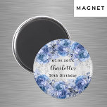 Birthday silver blue flowers save the date magnet<br><div class="desc">A faux silver looking background decorated with faux glitter,  sparkles and blue flowers.  Personalise and your name and the party date.</div>