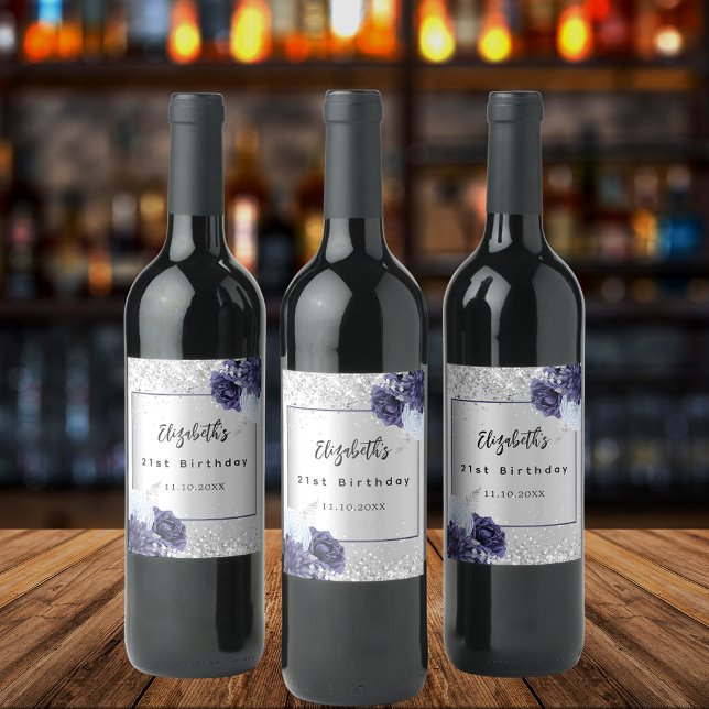 Birthday silver blue flowers wine label (Creator Uploaded)