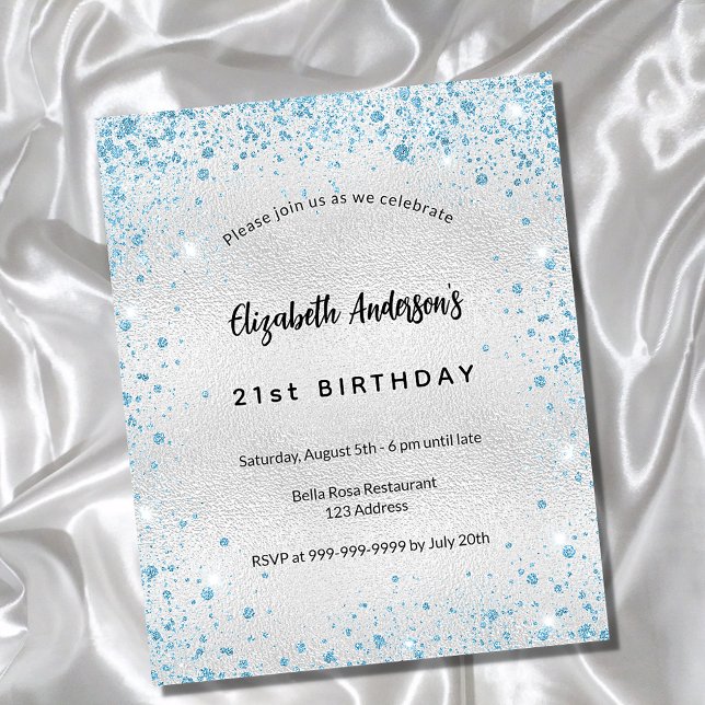 Birthday silver blue glitter budget invitation (Creator Uploaded)