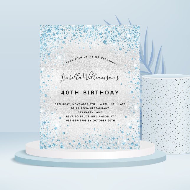 Birthday silver blue glitter budget invitation flyer (Creator Uploaded)