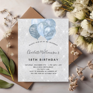 Birthday silver blue glitter budget invitation flyer