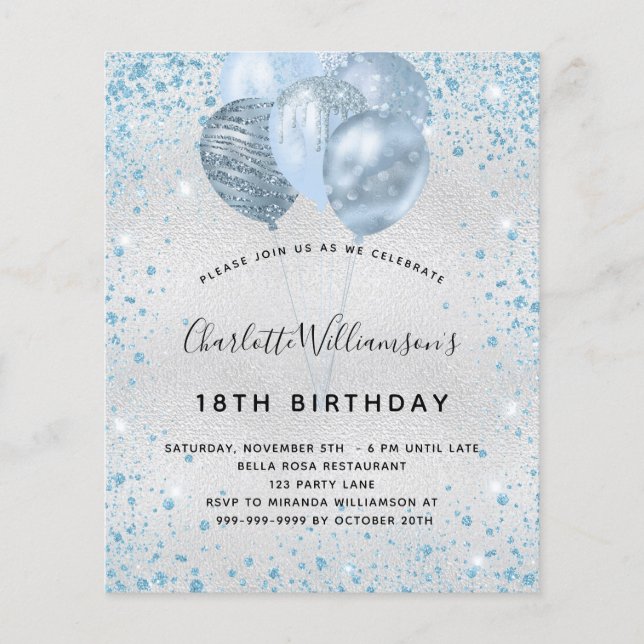 Birthday silver blue glitter budget invitation flyer (Front)