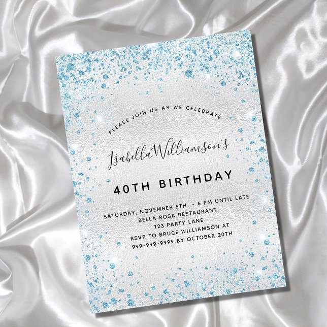 Birthday silver blue glitter dust sparkle invitation postcard (Creator Uploaded)