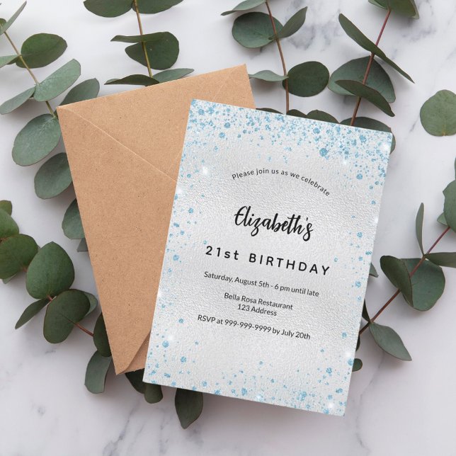 Birthday silver blue glitter invitation (Creator Uploaded)