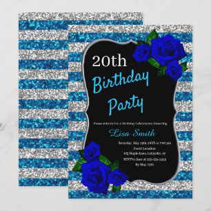 Birthday Silver Blue Stripe Glitter Deep Blue Rose Invitation