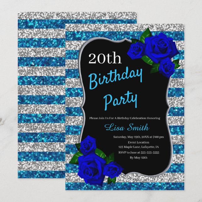 Birthday Silver Blue Stripe Glitter Deep Blue Rose Invitation (Front/Back)