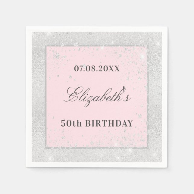 Birthday silver blush pink glitter napkin (Front)