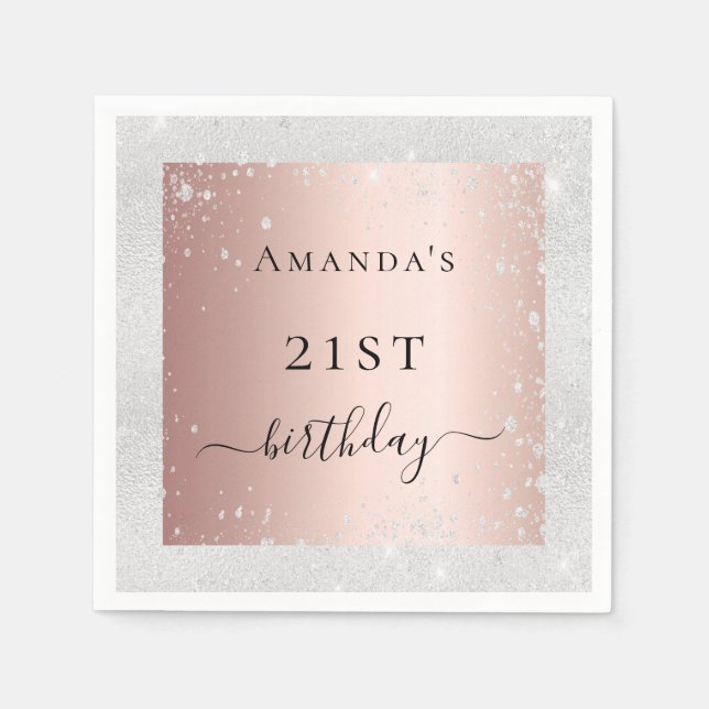 Birthday silver blush rose gold glitter dust napkin (Front)