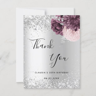 Birthday silver burgundy pink flowers  thank you card