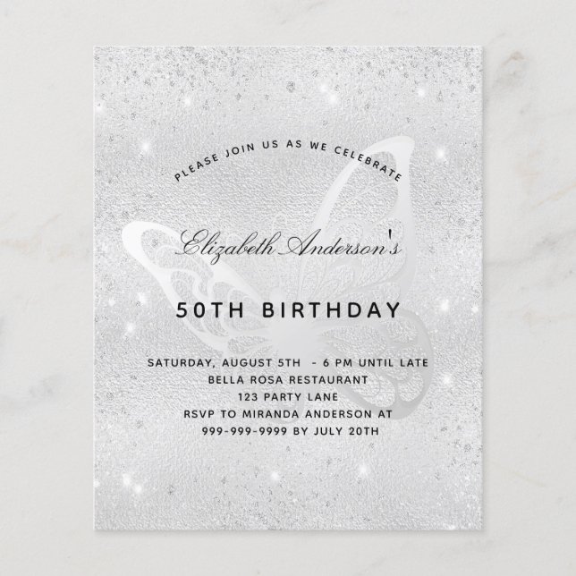 Birthday silver butterfly budget invitation flyer (Front)