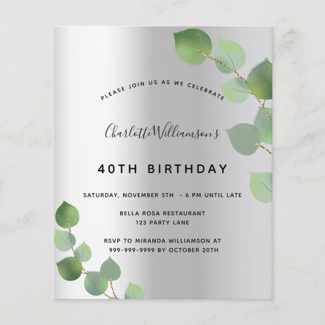 Birthday silver eucalyptus budget invitation flyer (Front)