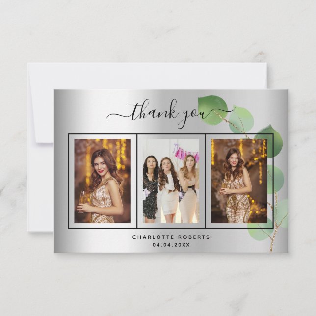 Birthday silver eucalyptus photo thank you card (Front)