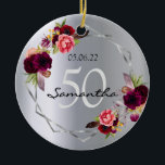 Birthday silver florals geometric monogram ceramic tree decoration<br><div class="desc">A 50th (or any age) birthday ornament with templates for a name, date, and age 50. Trendy bohemian boho style. Decorated with watercolored roses in burgundy and pink. Glamorous, shiny faux silver metallic looking background on both front and back. A faux silver geometric frame. Perfect both as a birthday gift,...</div>