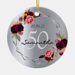 Birthday silver florals geometric monogram ceramic tree decoration