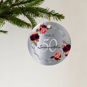 Birthday silver florals geometric monogram ceramic tree decoration