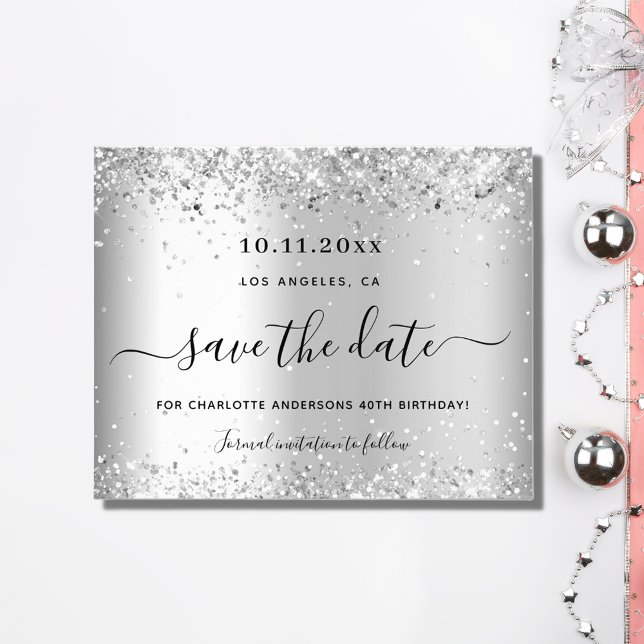 Birthday silver glitter budget save the date flyer (Creator Uploaded)