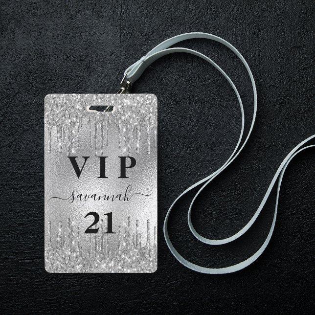 Birthday silver glitter drips metal vip invitation ID badge (Creator Uploaded)