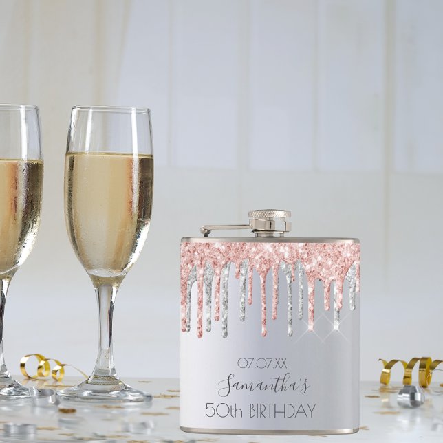 Birthday silver glitter drips rose gold friends hip flask (Creator Uploaded)