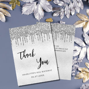 Birthday silver glitter drips thank you card